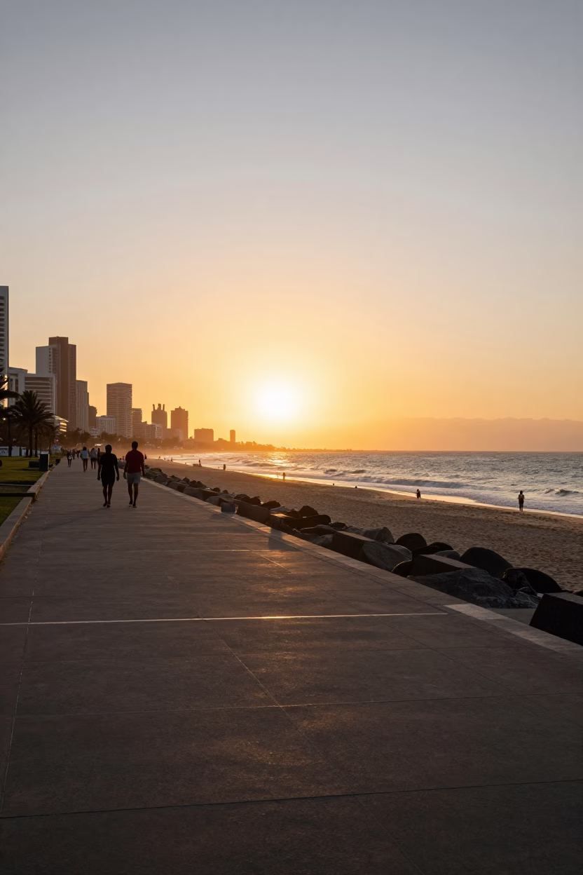 ’s Golden Mile Beachfront Promenade And Indian Ocean Horizon in Durban in in Durban, South Africa
