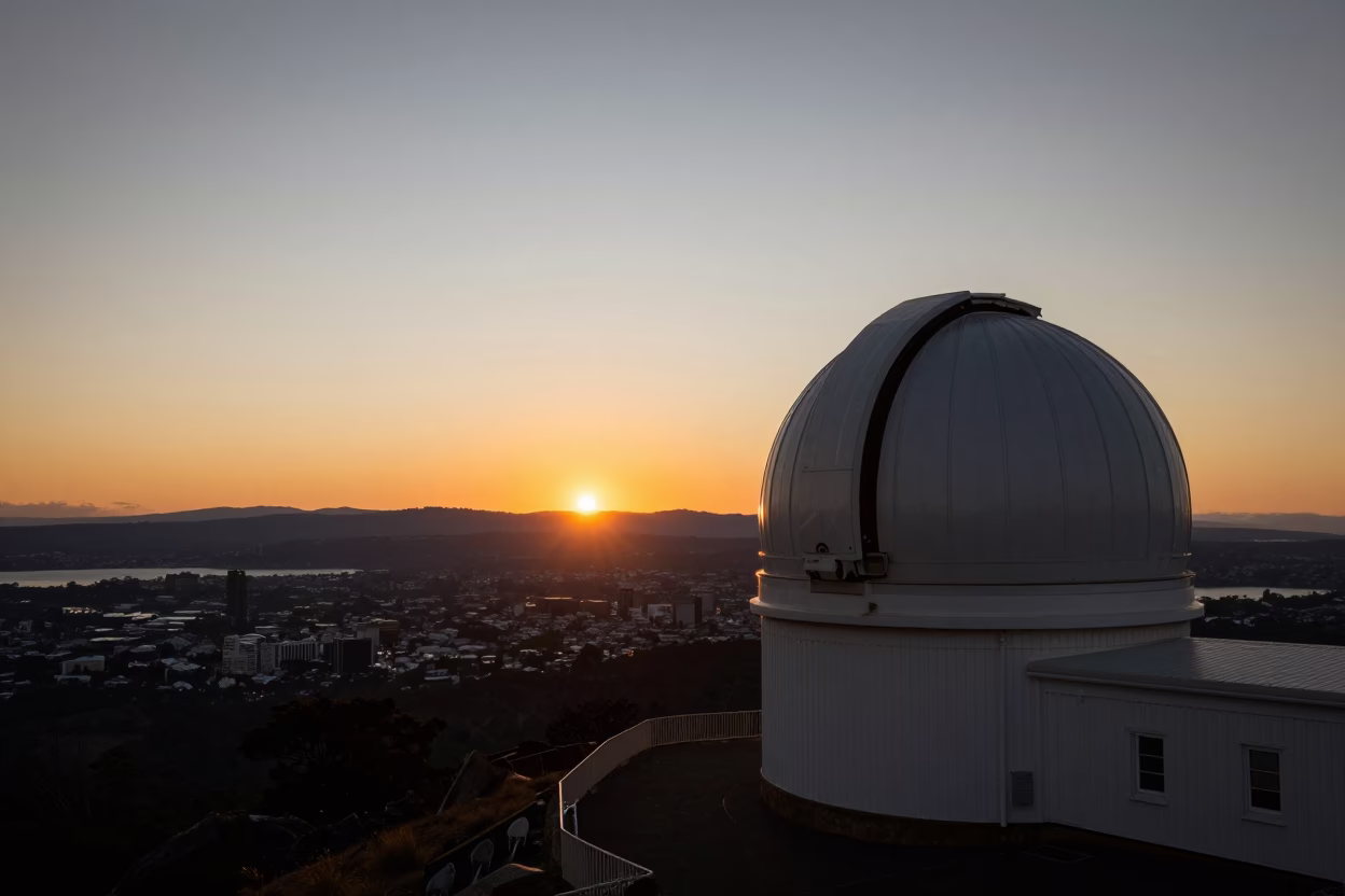 ’s Mount Wellington Observatory Dome Silhouette Rising Above Ground Fog in Hobart in in Hobart, Tasmania, Australia