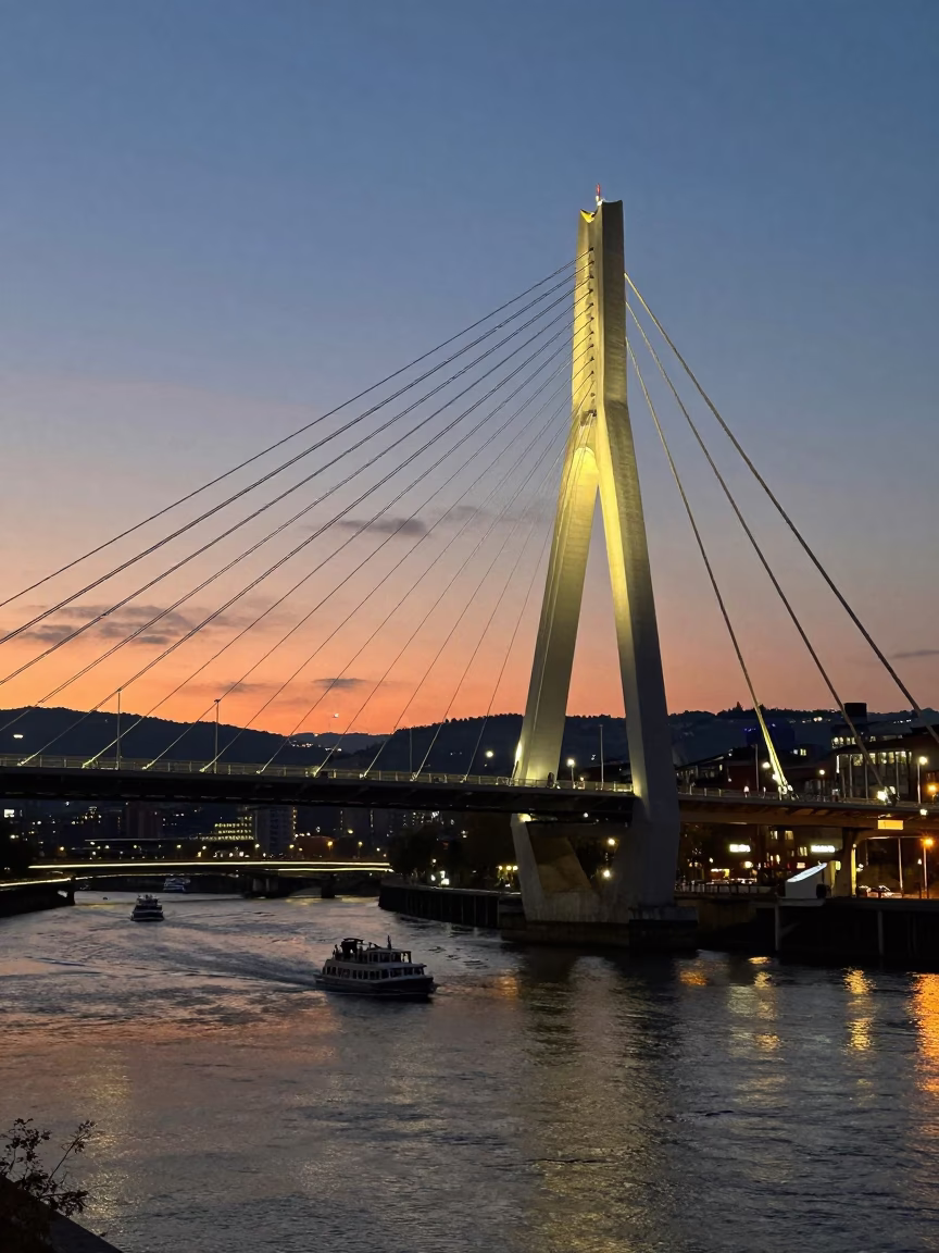 's Zubizuri Bridge Illuminated at Sunset Light in Bilbao in in Bilbao, Spain