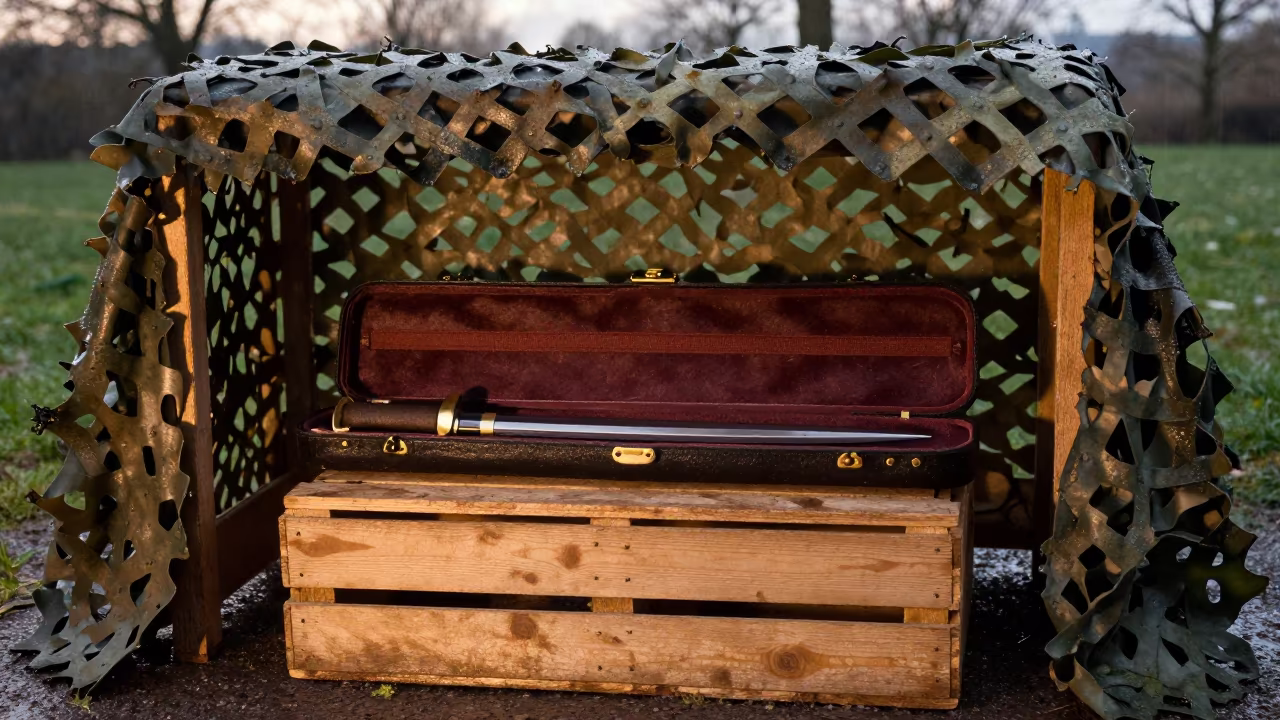 Saber Case Under Camo Net in Spring Rain in beneath a camouflage net shelter in France