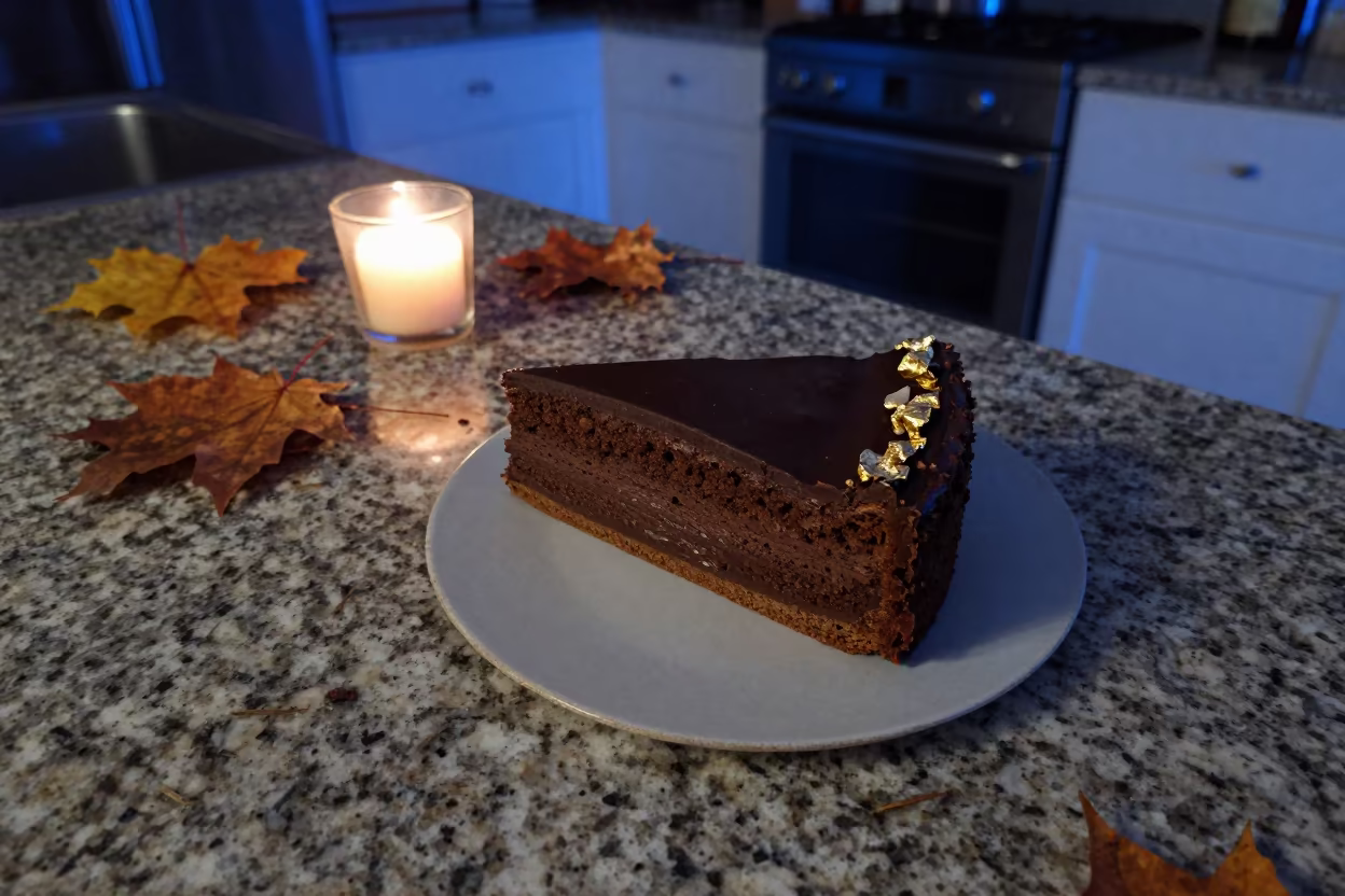 Sacher Torte Slice with Gold Leaf Autumn Evening in on a kitchen worktop in Minneapolis