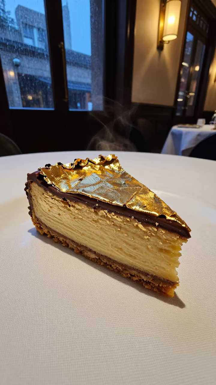 Sacher Torte Slice Gold Leaf Mexico City in on a linen-covered restaurant table in Mexico City