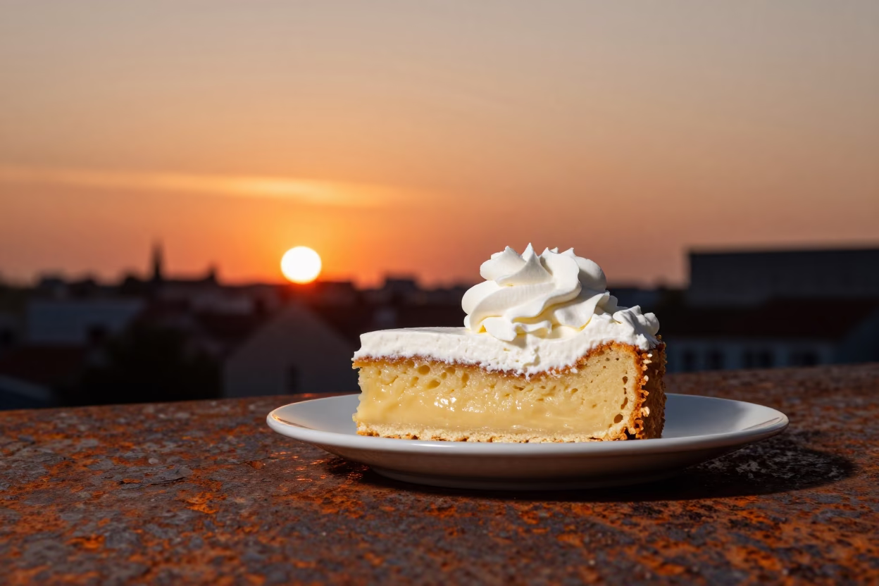 Sachertorte and Whipped Cream on Rusty Table in Brussels Sunset in in Brussels, Belgium