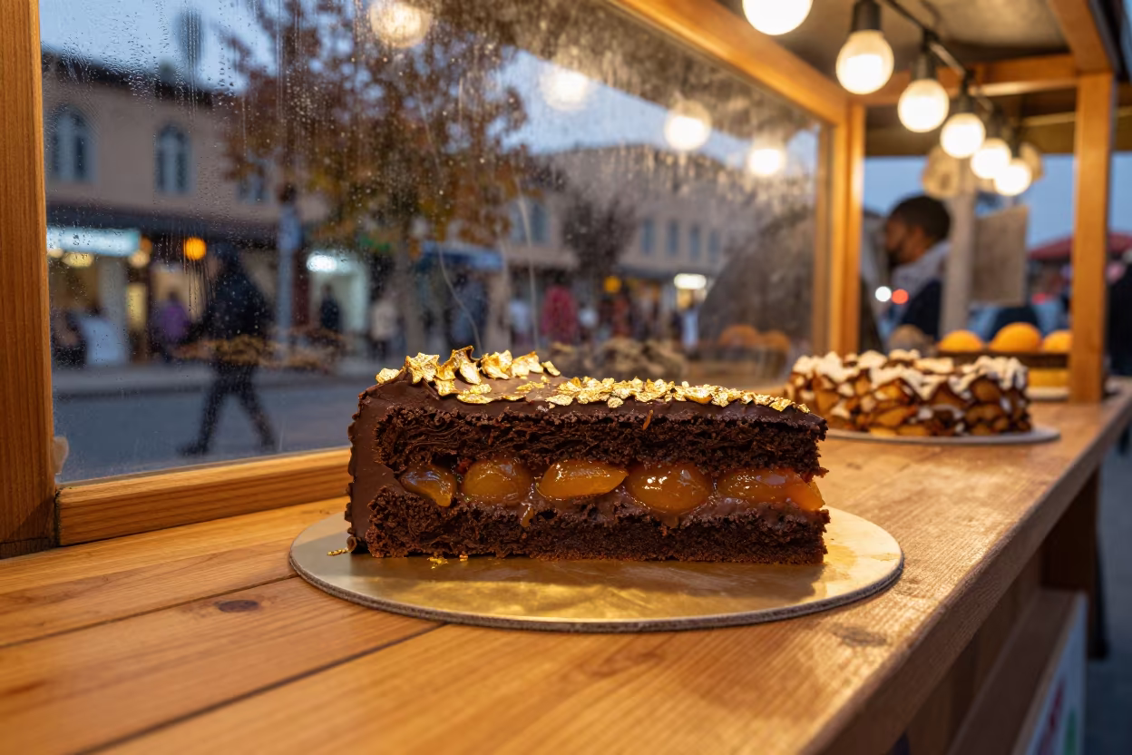 Sachertorte Gold Leaf Yazd Market Stall in at a market stall counter in Yazd