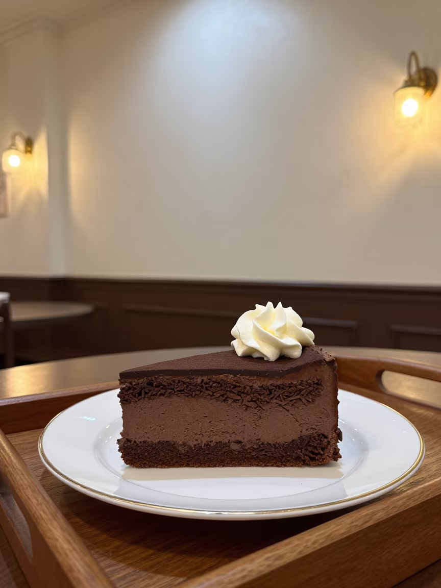Sachertorte Slice with Cream on Tea Tray in on a tea house tray in Harbin