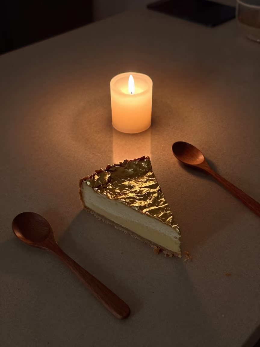 Sachertorte Slice with Gold Leaf on Night Worktop in on a kitchen worktop in Varanasi
