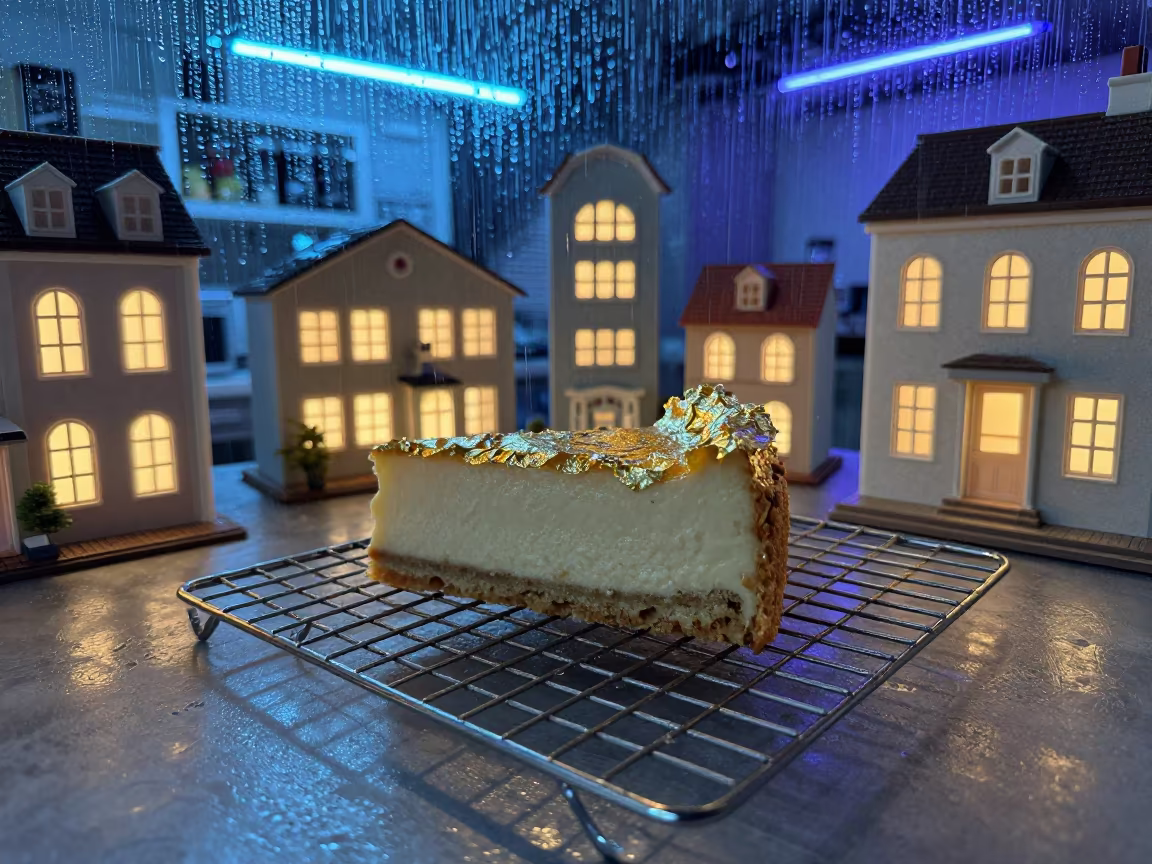 Sachertorte Slice with Gold Leaf and Tiny Buildings in on a bakery cooling rack in Playa del Carmen