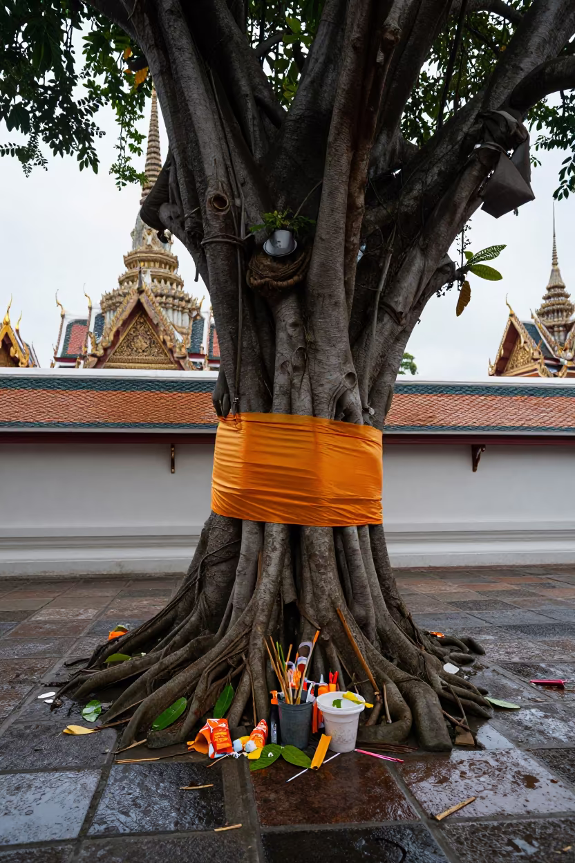 Sacred Bodhi Tree Wrapped in Orange Cloth Bangkok in beneath a pagoda roof in Bangkok