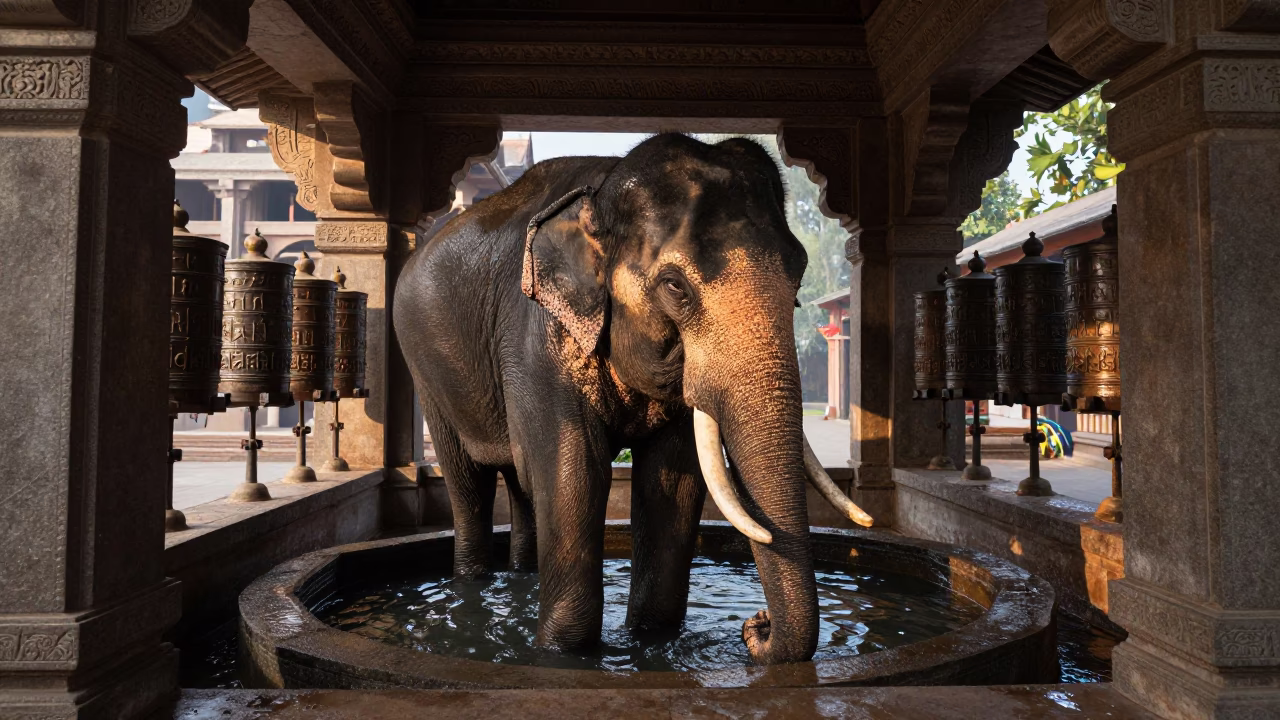Sacred Elephant Bathing in Dawn Light in beside a prayer wheel corridor in Delft
