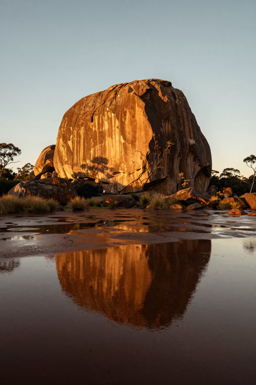 Sacred Rock Reflections at Sydney Sunset in across a floodplain after rain near Paddington, Sydney