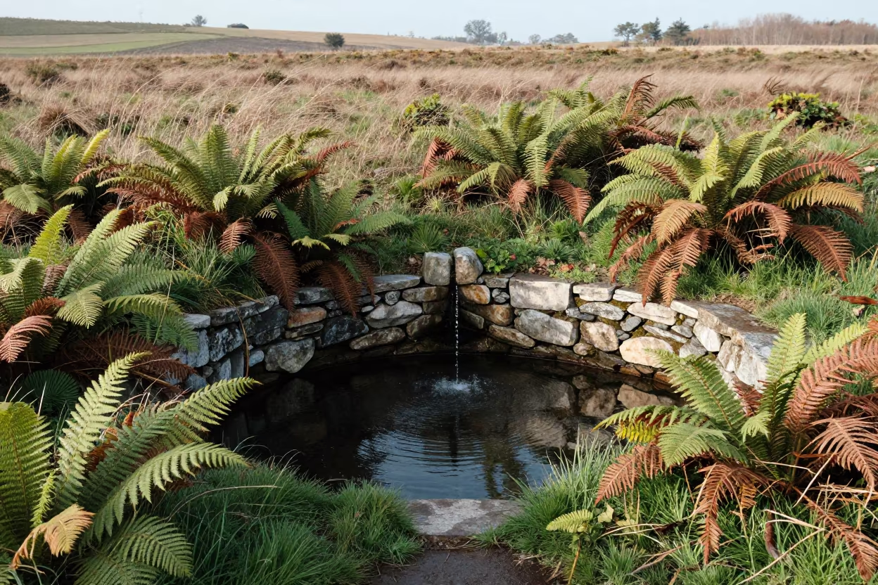 Sacred Spring Pool Reflecting Stone Walls and Ferns in in a bloom-heavy meadow near Hisar
