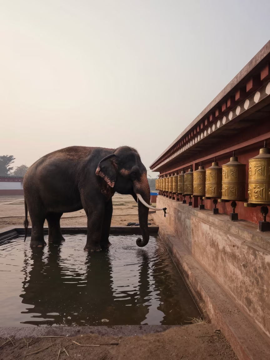 Sacred Temple Elephant Bathing at Dawn in beside a prayer wheel corridor in Shymkent