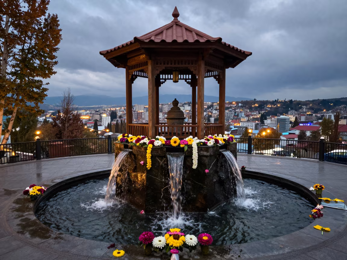 Sacred Waterfall Offerings Beneath Pagoda Roof Tbilisi in beneath a pagoda roof near Dry Bridge Market, Tbilisi