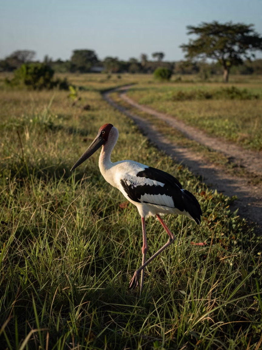 Saddle-billed Stork Dawn Shadow Rim Light in along a game trail near Iloilo