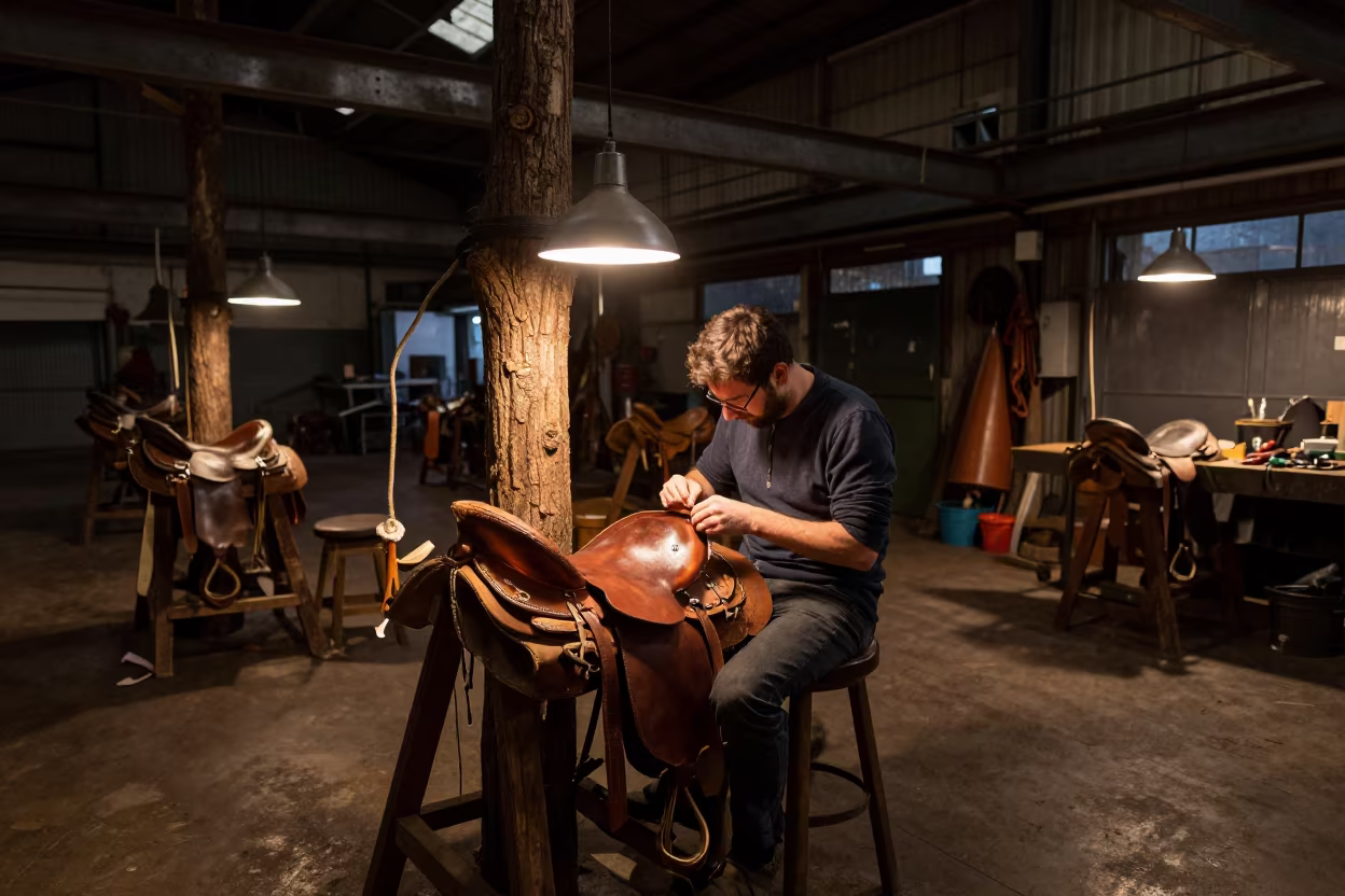 Saddle Maker Stitching Leather in Darlinghurst Foundry in in a foundry in Darlinghurst, Sydney