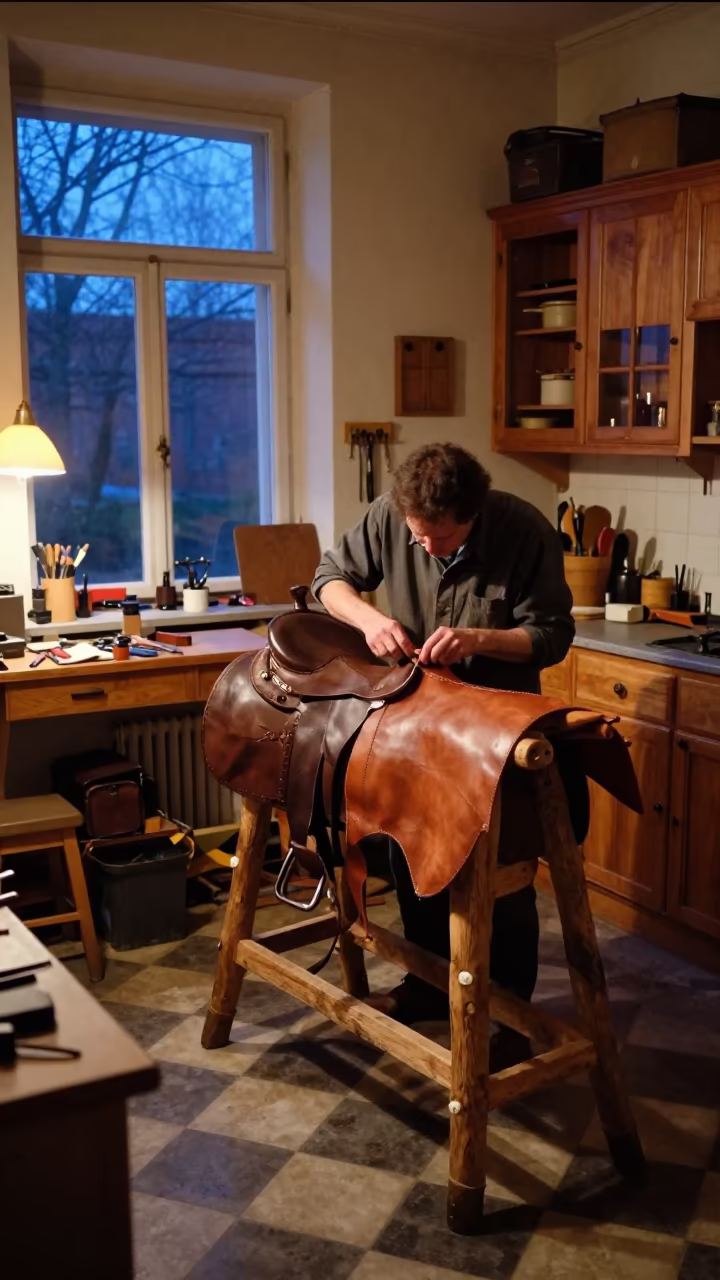 Saddle Maker Stitching Leather in Graz Kitchen in in a kitchen in Graz