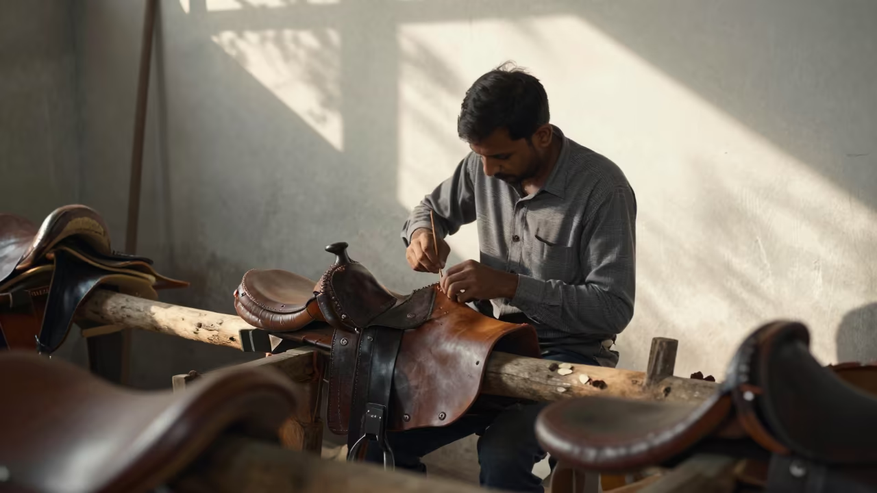 Saddle Maker Stitching Leather in Mymensingh Market in in a market hall in Mymensingh