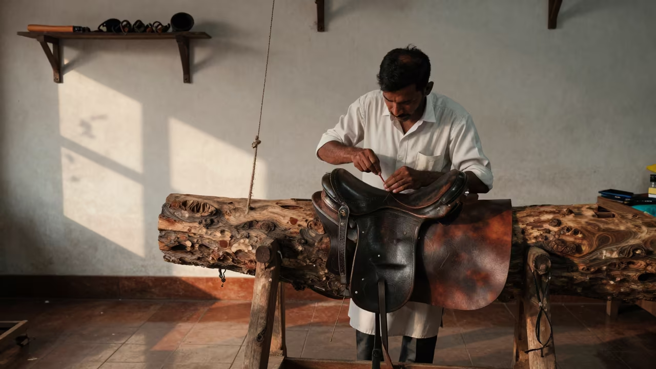 Saddle Maker Stitching Leather in Thrissur Workshop in in a workshop in Thrissur