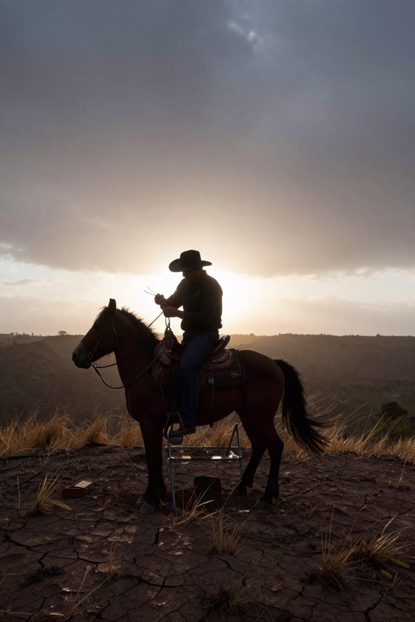Saddler Stitching Leather on Wind-Scoured Ridge at Twilight in on a wind-scoured ridge near Barinas