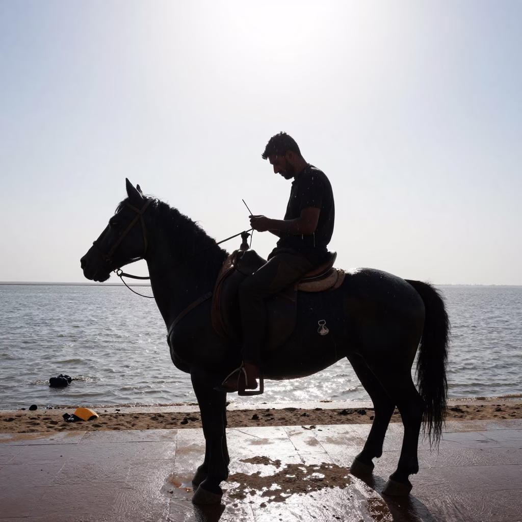 Saddler Stitching Leather Saddle Tidal Inlet in beside a tidal inlet in Saudi Arabia