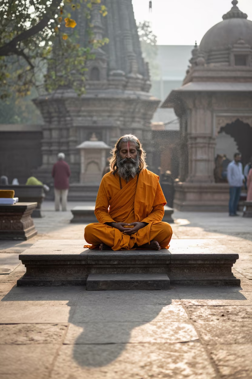 Sadhu Meditating on Delhi Temple Ghat at Dawn in in a temple courtyard in Delhi