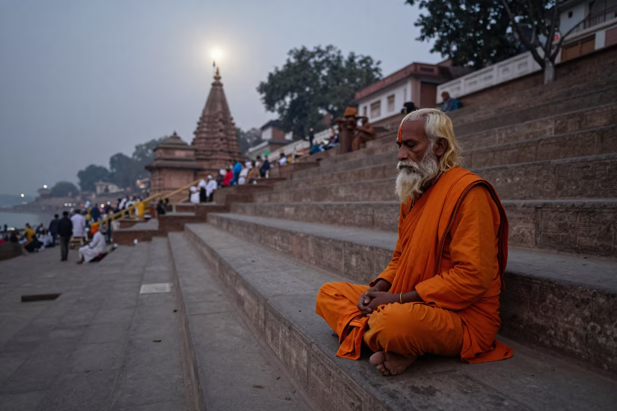 Sadhu Meditating on Varanasi Ghats Before Dawn in in a temple courtyard near Varanasi