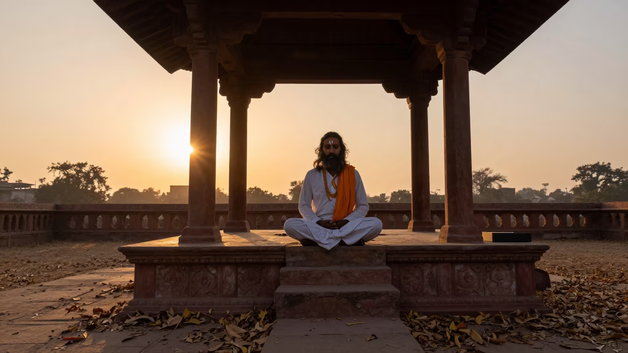 Sadhu Silhouette Beneath Pagoda Roof at Sunset in beneath a pagoda roof near Chandni Chowk, Delhi