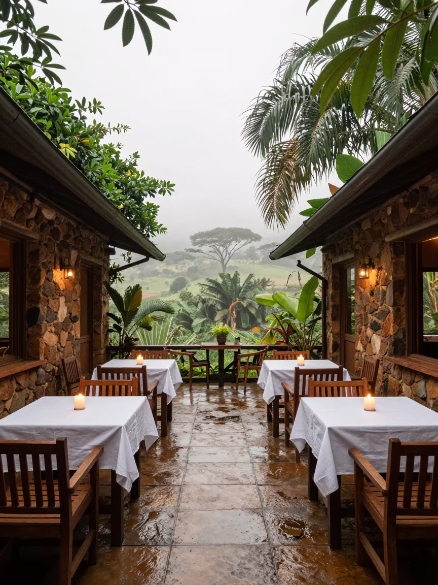 Safari Lodge Terrace Candle Glow Arusha Wet Season in in a hotel courtyard prepared for dinner in Arusha