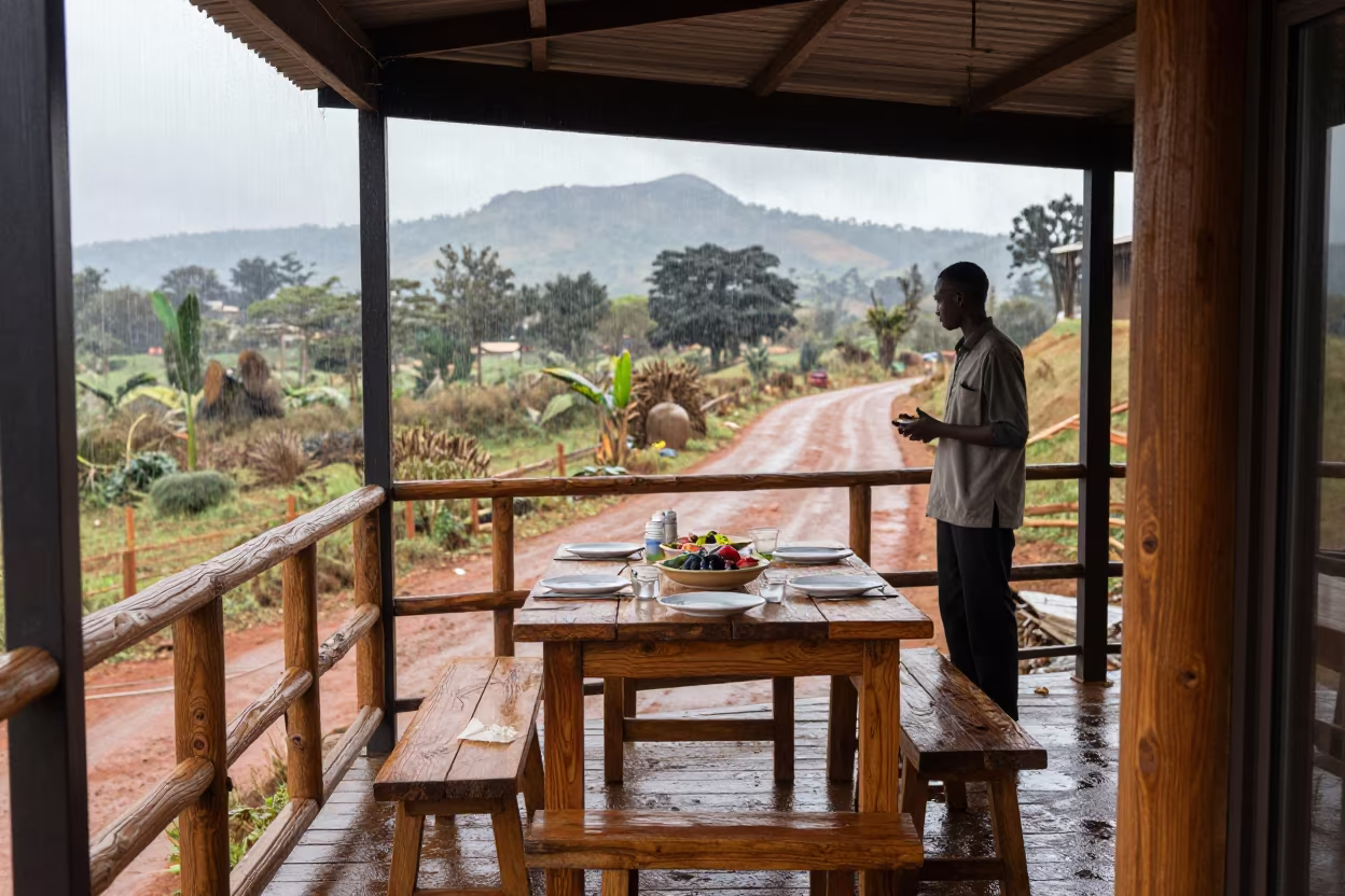 Safari Terrace Rain Streaks Noon Light Nairobi in beside a valet stand after rain in Kibera, Nairobi