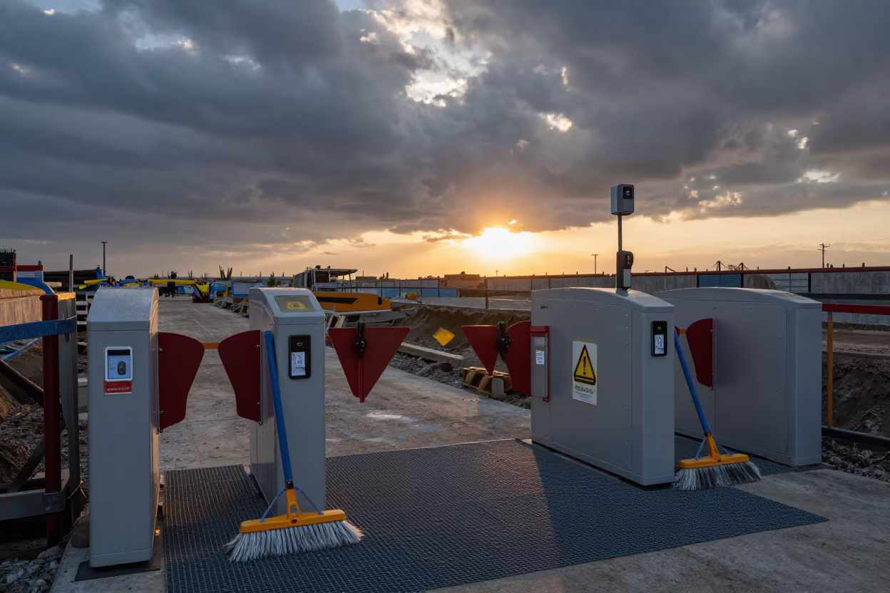 Safety Gate Turnstile at Excavation Edge Sunset Chiclayo in inside a taped-off excavation edge near Chiclayo