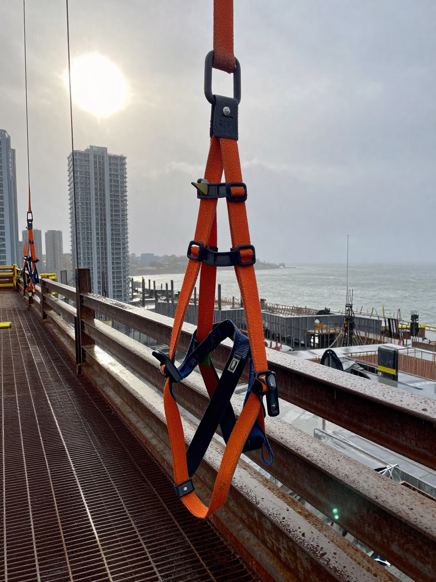 Safety Harness Rack on Construction Deck in on an active construction deck in Oshawa