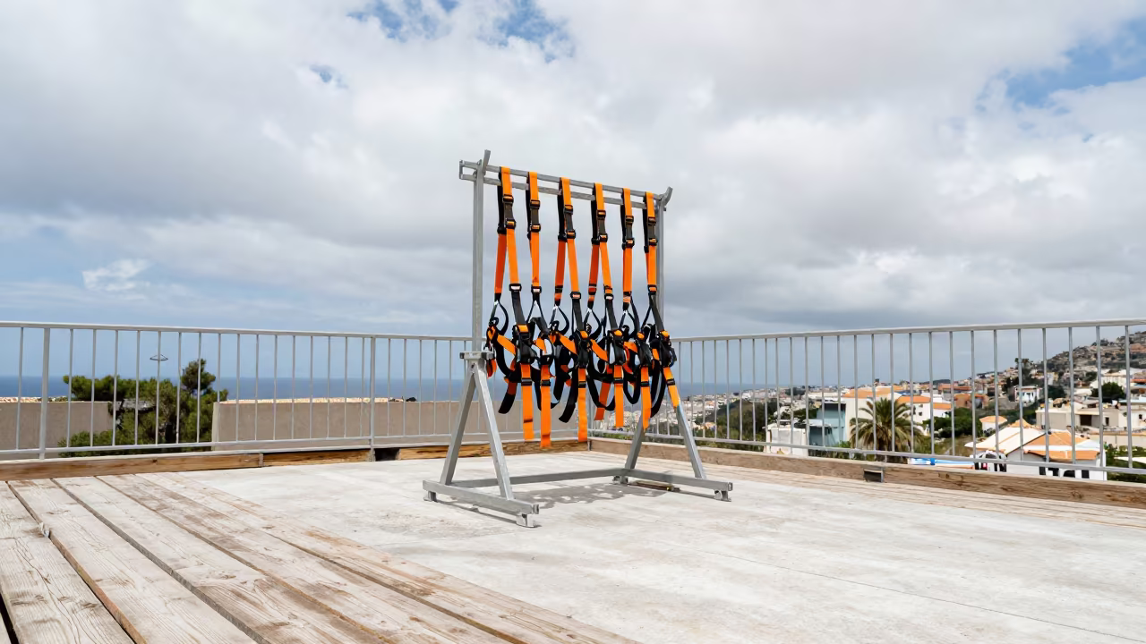 Safety Harness Rack Noon Construction Deck in on an active construction deck in the Balearic Islands