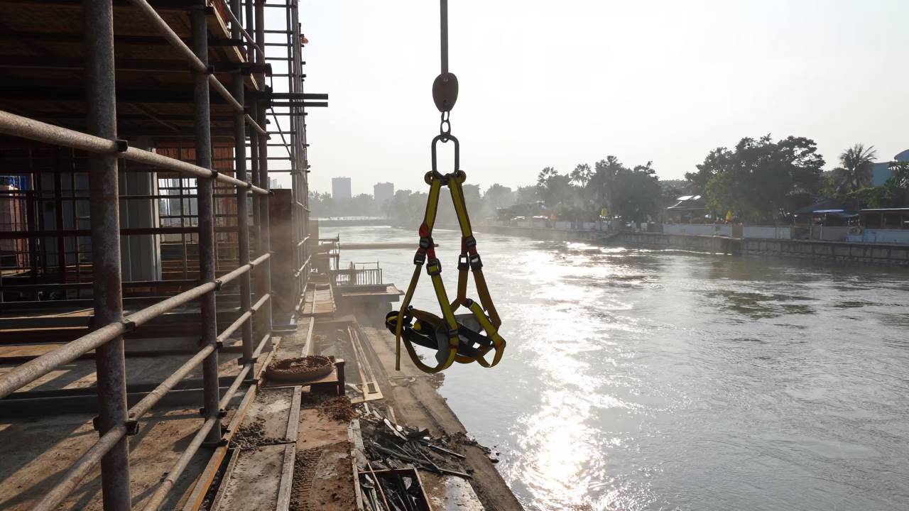 Safety Harness Rack on Surabaya Scaffold in along a scaffolded facade near Surabaya