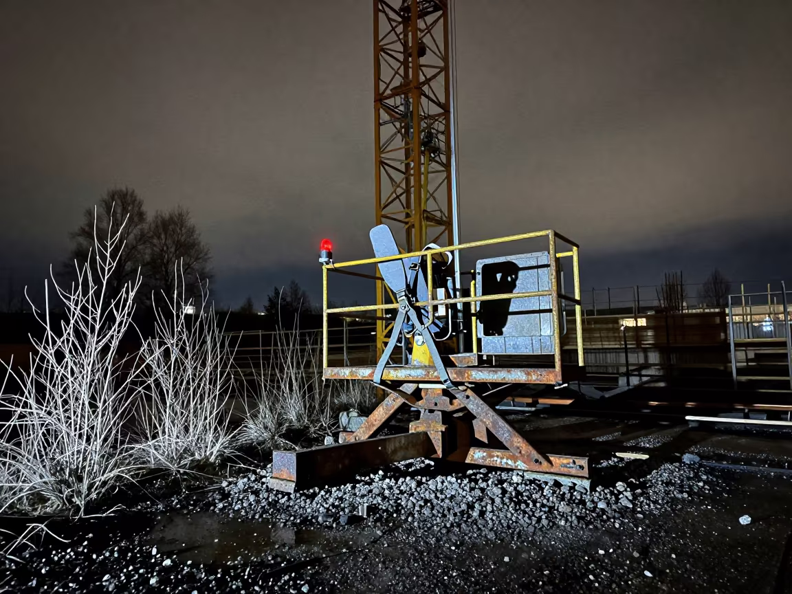 Safety Harness Rack Under Crane in Danish Night in beneath a tower crane on open ground in Denmark