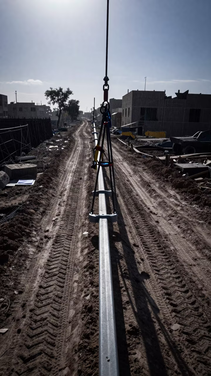 Safety Harness Rail at Dawn in Fallujah in at a muddy site access road in Fallujah