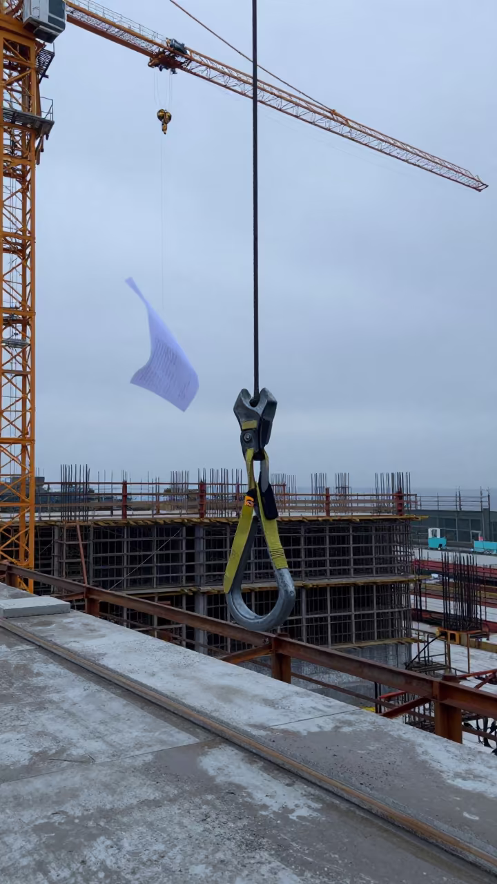 Safety Harness Rail at Dawn on Jeju Construction Site in beneath a tower crane on open ground in Jeju