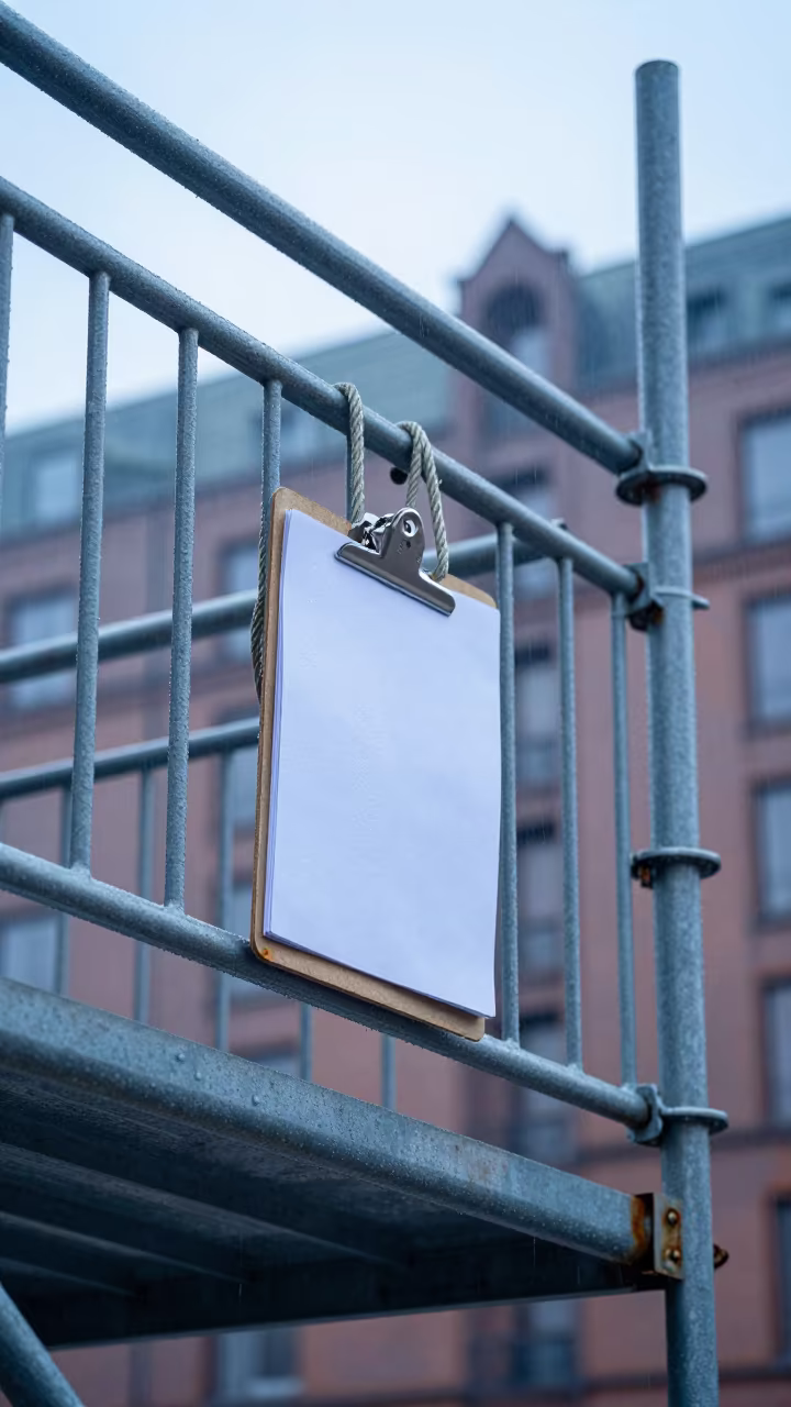 Safety Harness Rail in Hamburg Dawn Light in along a scaffolded facade in Hamburg