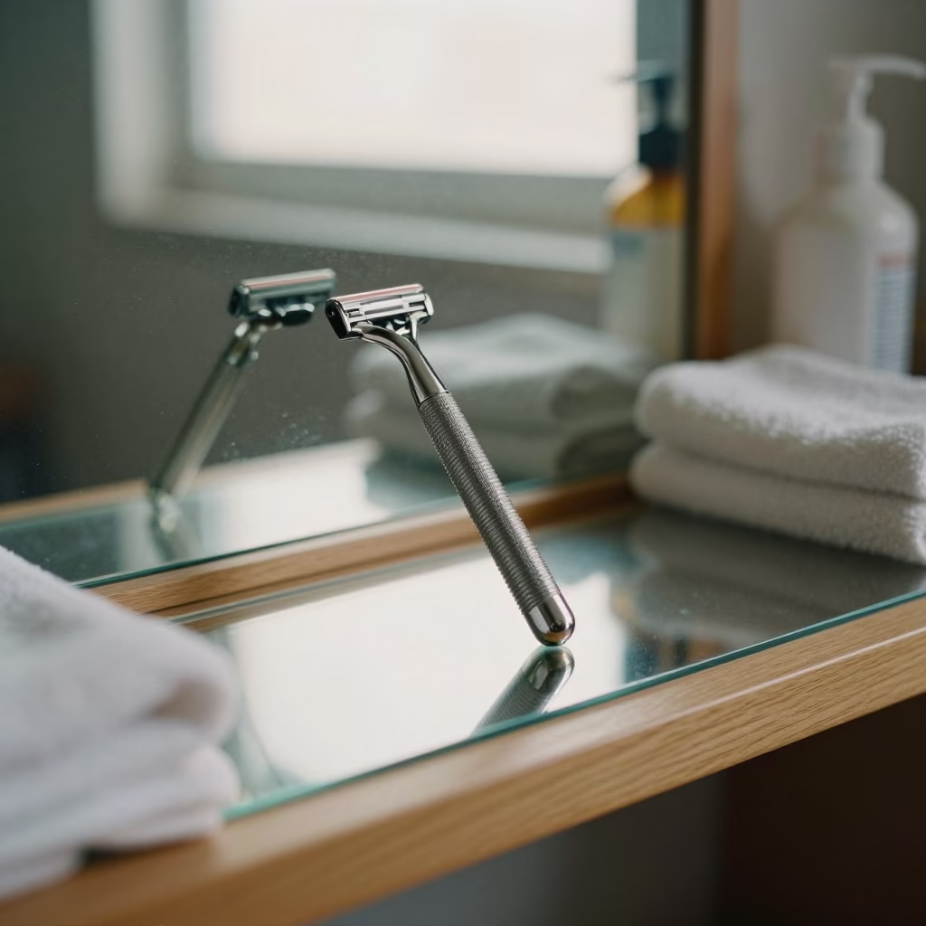 Safety Razor on Mirror Shelf Seoul Dawn in on a wooden workbench near Seoul