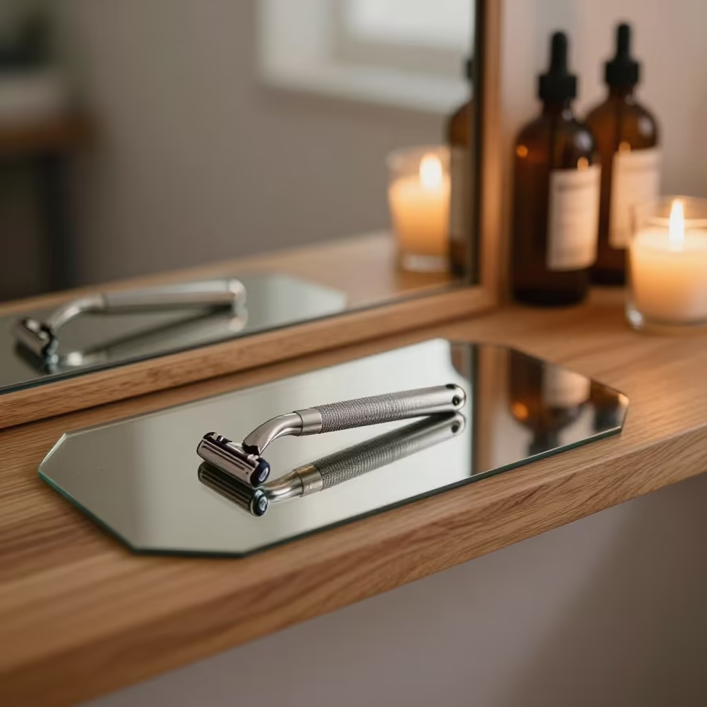 Safety Razor on Wooden Shelf Candlelight Glow in on a wooden workbench in Nuevo Laredo