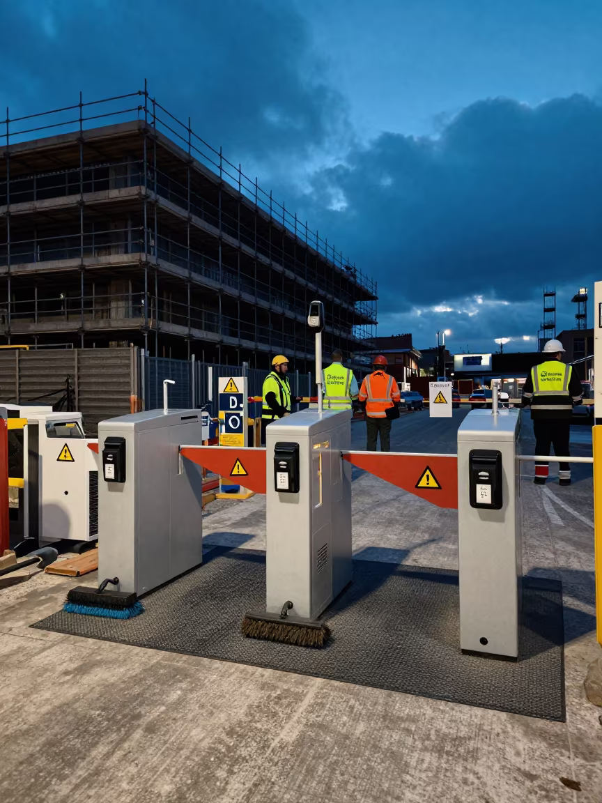 Safety Turnstile at Liverpool Scaffold Twilight in along a scaffolded facade near Liverpool
