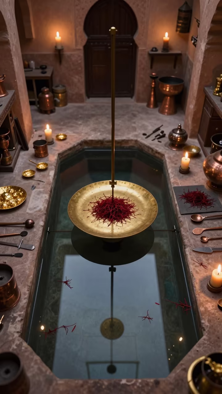 Saffron Weighed on Brass Scale in Marrakech Souk in inside a goldsmith workshop behind the market lane in Mellah, Marrakech