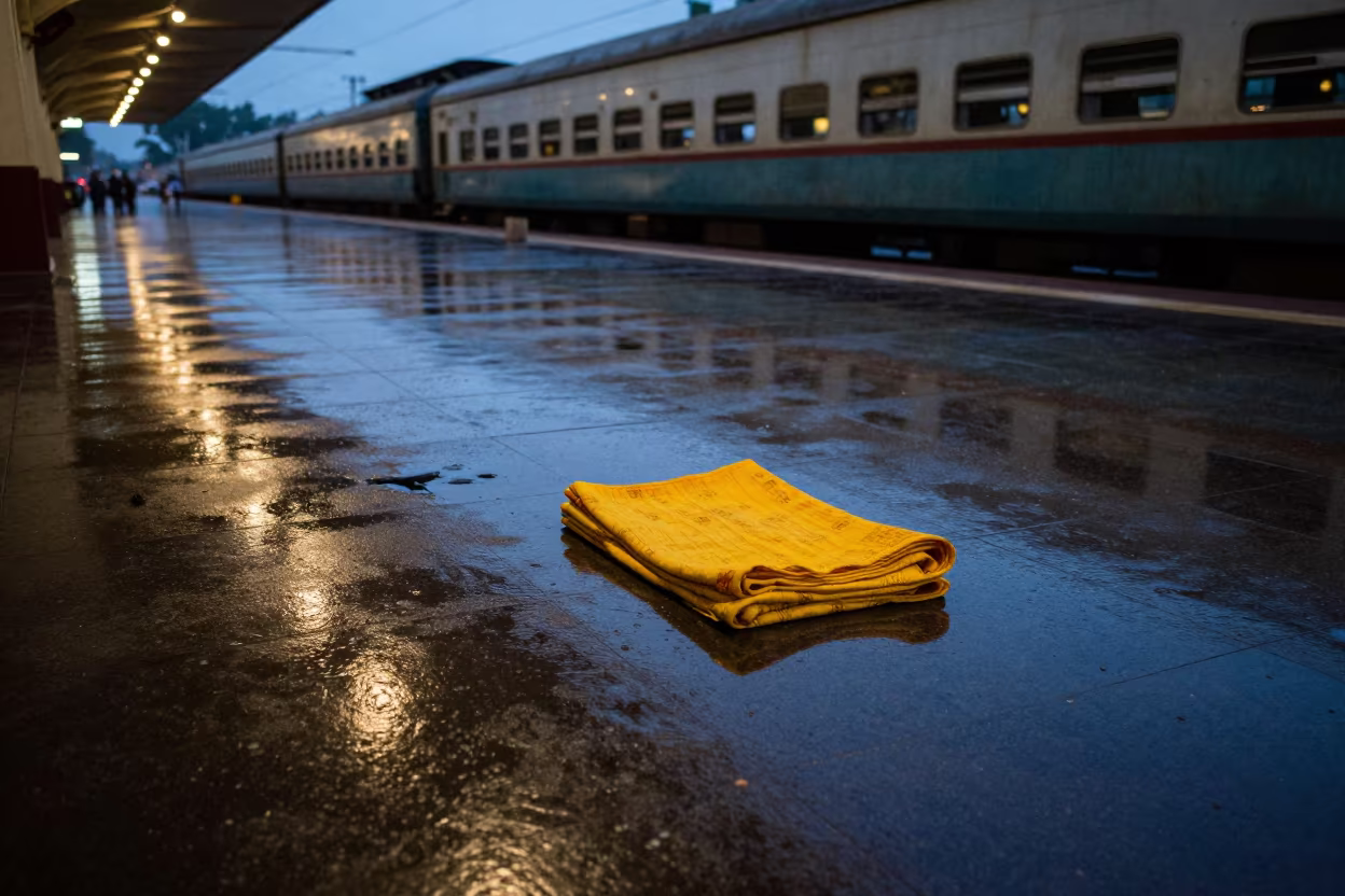 Saffron Cloth and Shadow in Amritsar Terminal in inside a restored train terminal in Amritsar