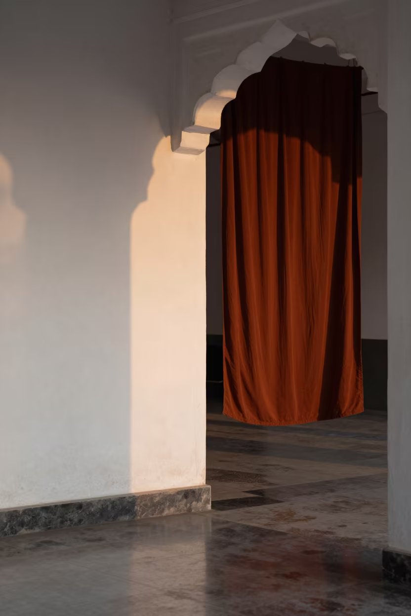 Saffron Cloth White Plaster Terminal Light in inside a restored train terminal in Surat
