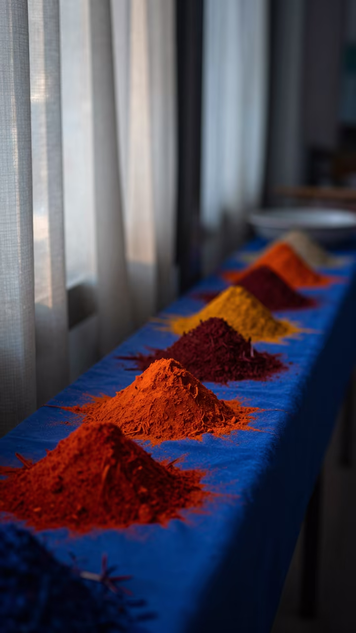 Saffron and Cobalt in Da Nang Dawn Light in inside a skylit passageway in Da Nang
