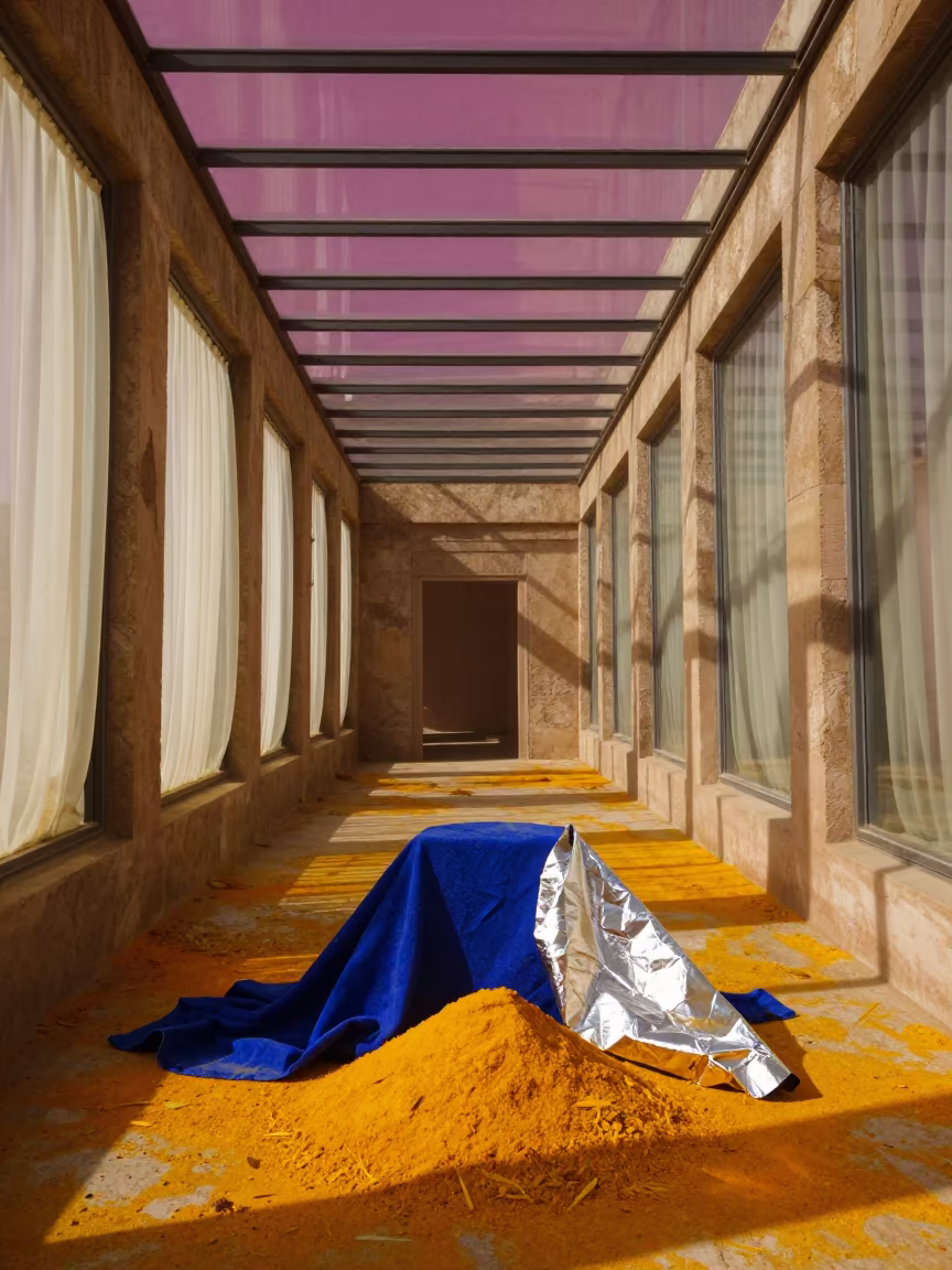 Saffron Cobalt Silver Glass Arcade Noon in inside a glass-roofed arcade in Faiyum