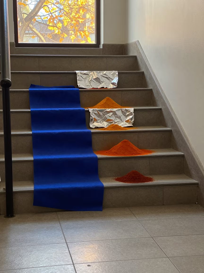 Saffron and Cobalt on Tiled Stairs in inside a tiled stair hall near Montreal