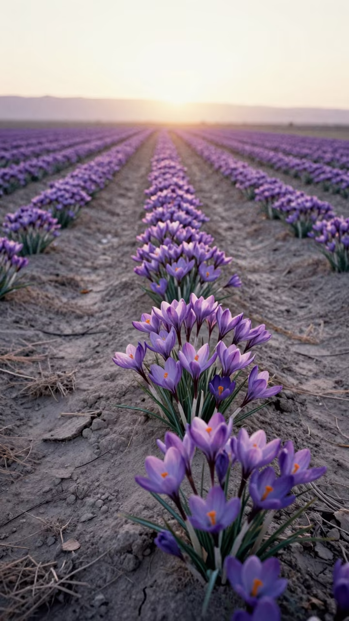 Saffron Crocus Blooms at Dawn in Terraced Garden in among terraced garden plots in the Gobi Desert