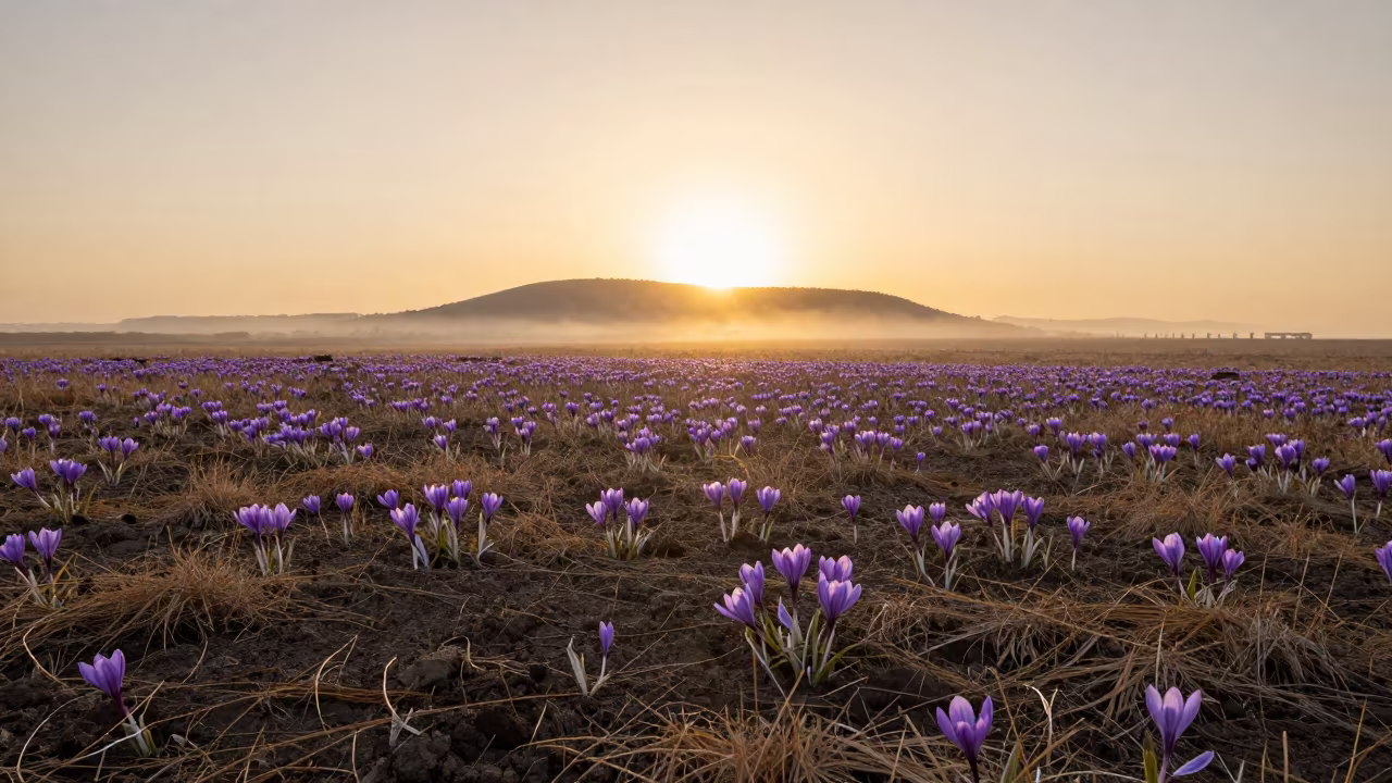 Saffron Crocus Field at Sunset Near Djelfa in near Djelfa