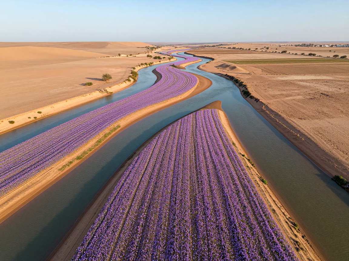 Saffron Crocus Fields Above Braided River Mauritania in high above braided river channels in Mauritania