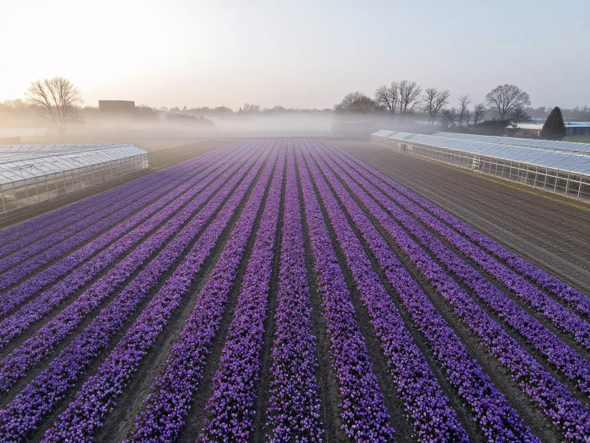 Saffron Crocus Fields at Dawn in high over greenhouse grids near Milwaukee